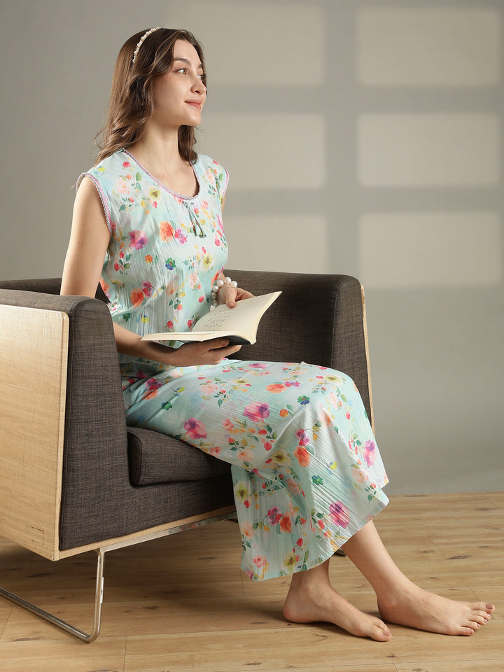 Floral pastel mint premium sleeveless nighty for women