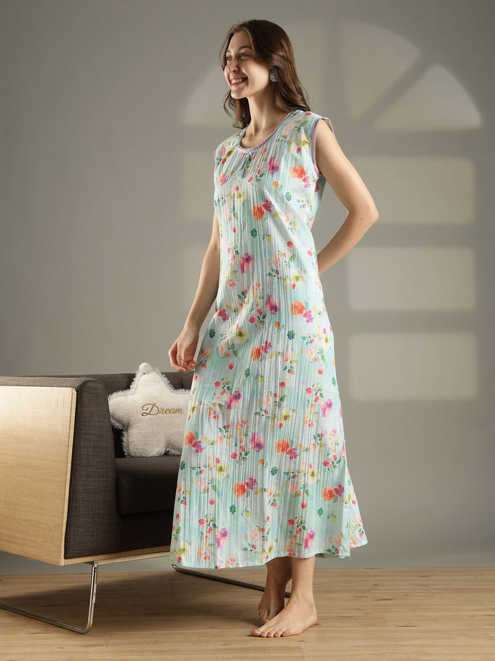 Floral pastel mint premium sleeveless nighty for women