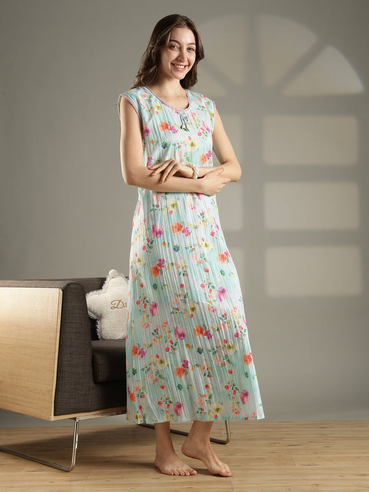 Floral pastel mint premium sleeveless nighty for women