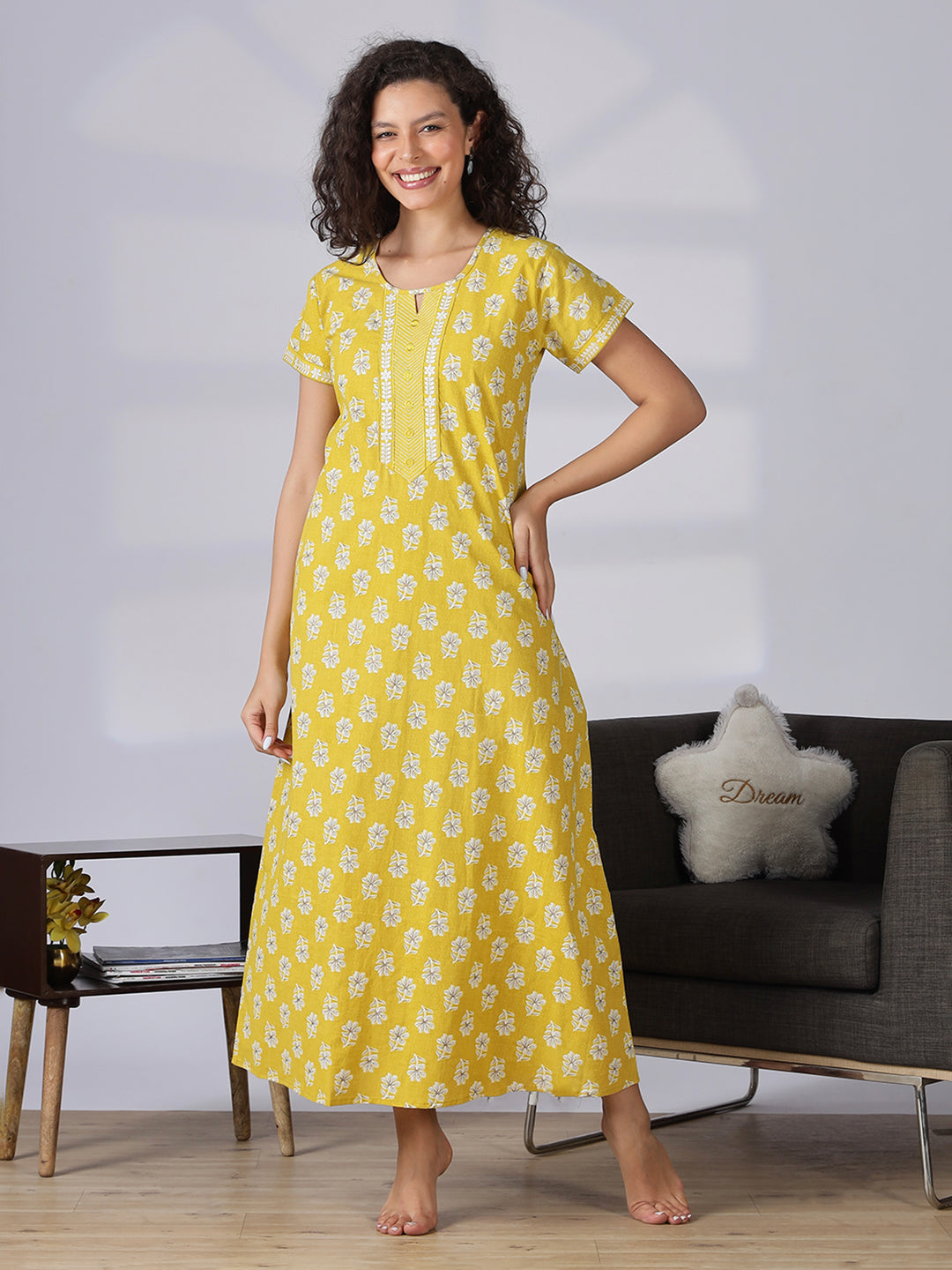 Floral yellow best pure cotton nighty for women in India