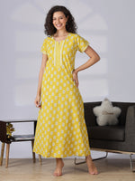 Yellow Floral Pure Cotton Nighty for Women with Relaxed Fit