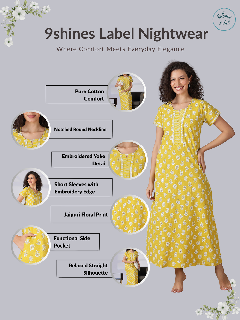 Floral yellow best pure cotton nighty for women in India