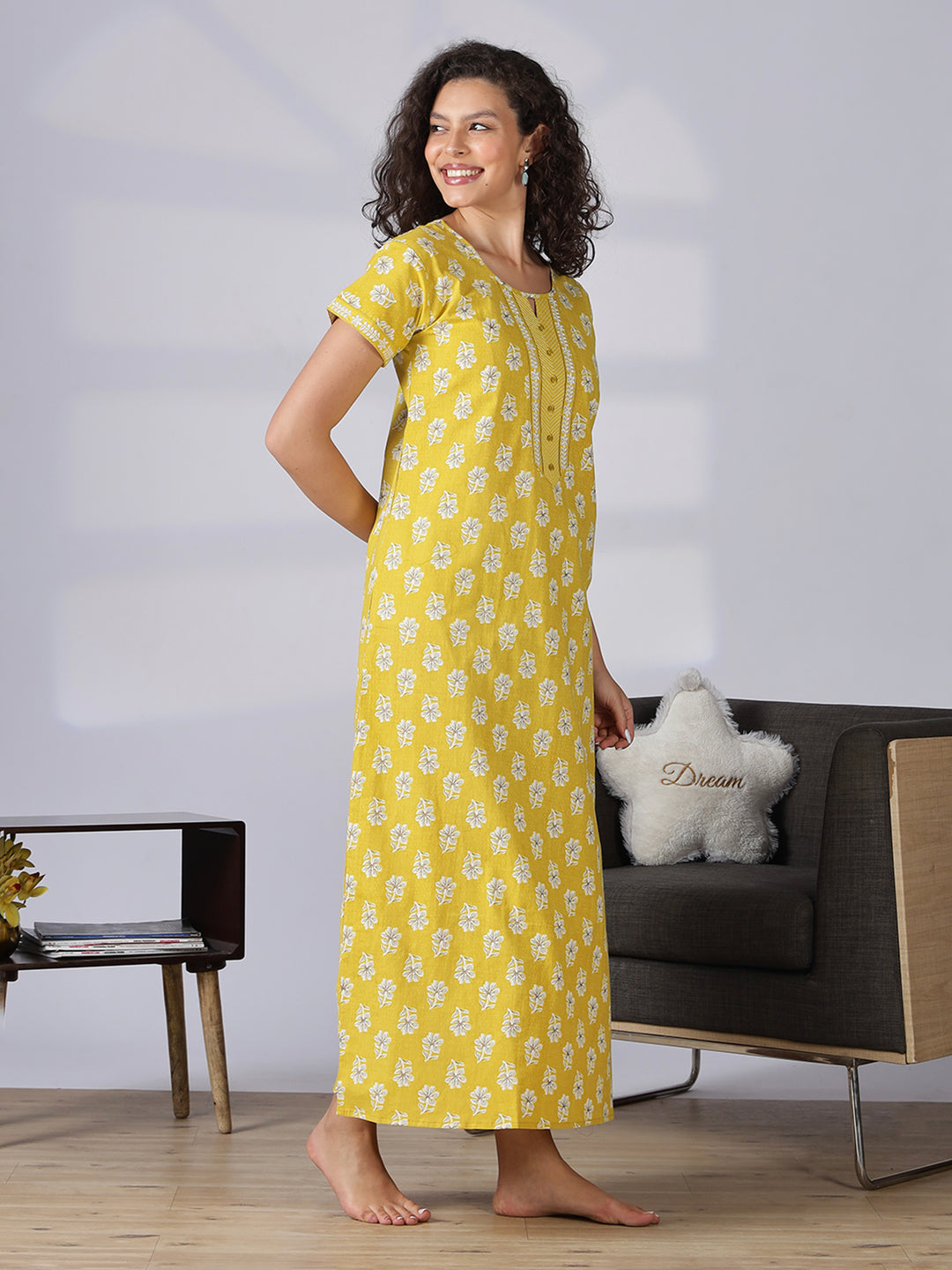 Floral yellow best pure cotton nighty for women in India