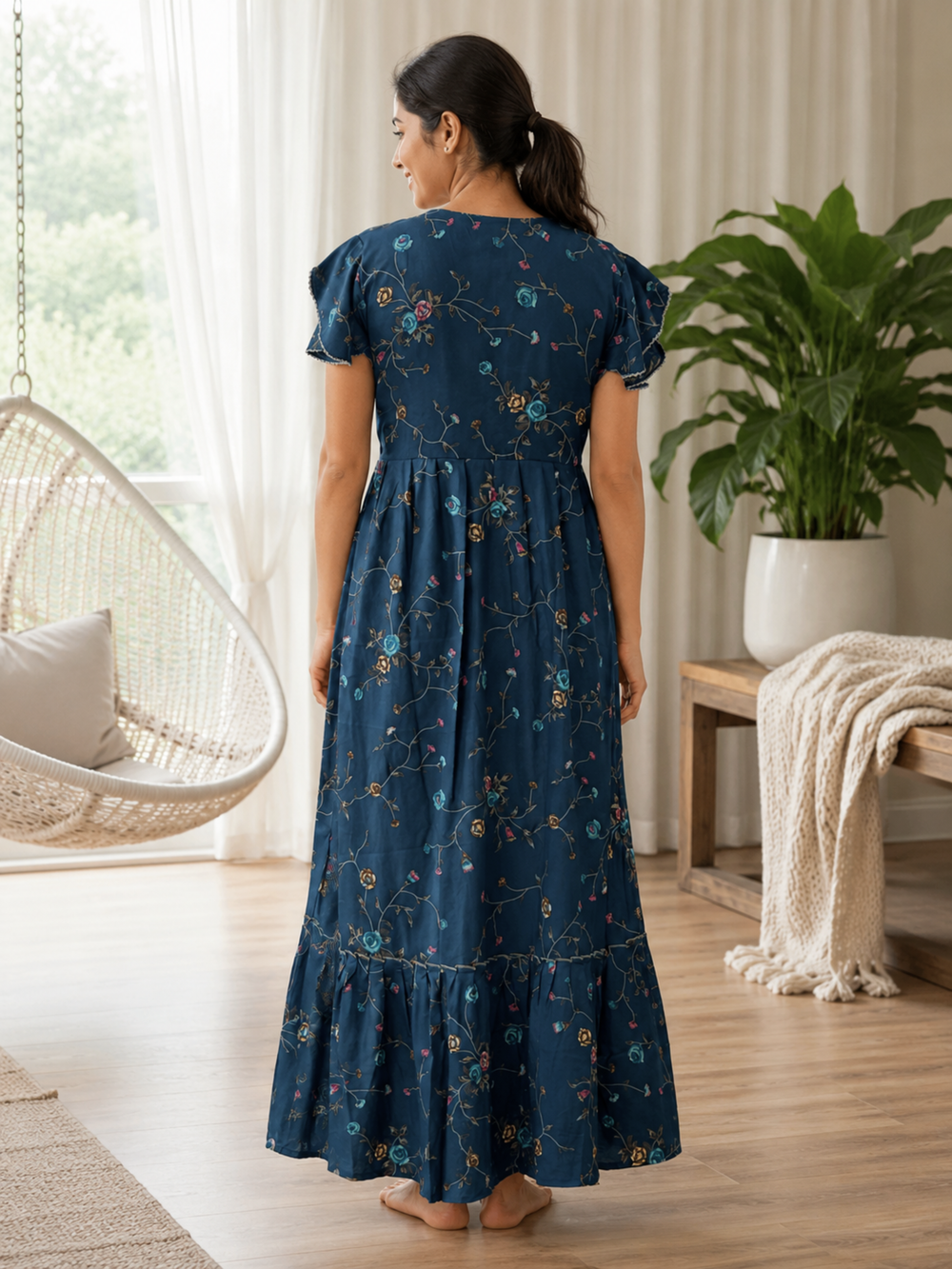 Floret teal night dress for women in alpine fabric