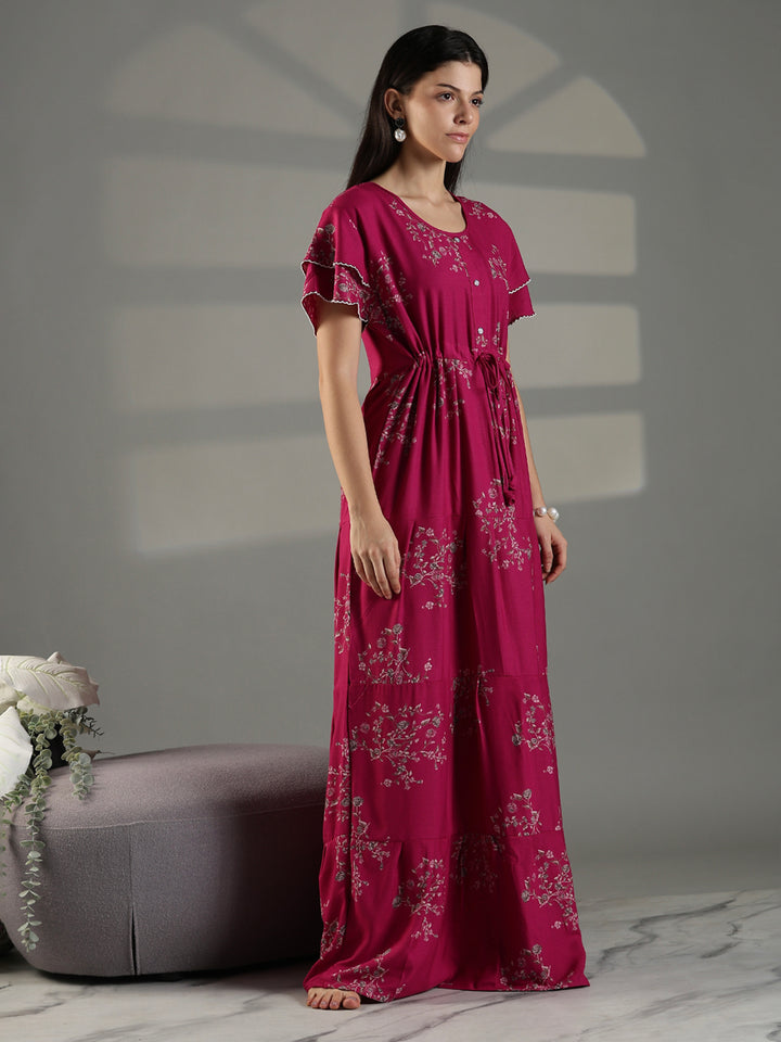 Magenta Floral Frock Style Nighty for Women Soft Alpine Comfort
