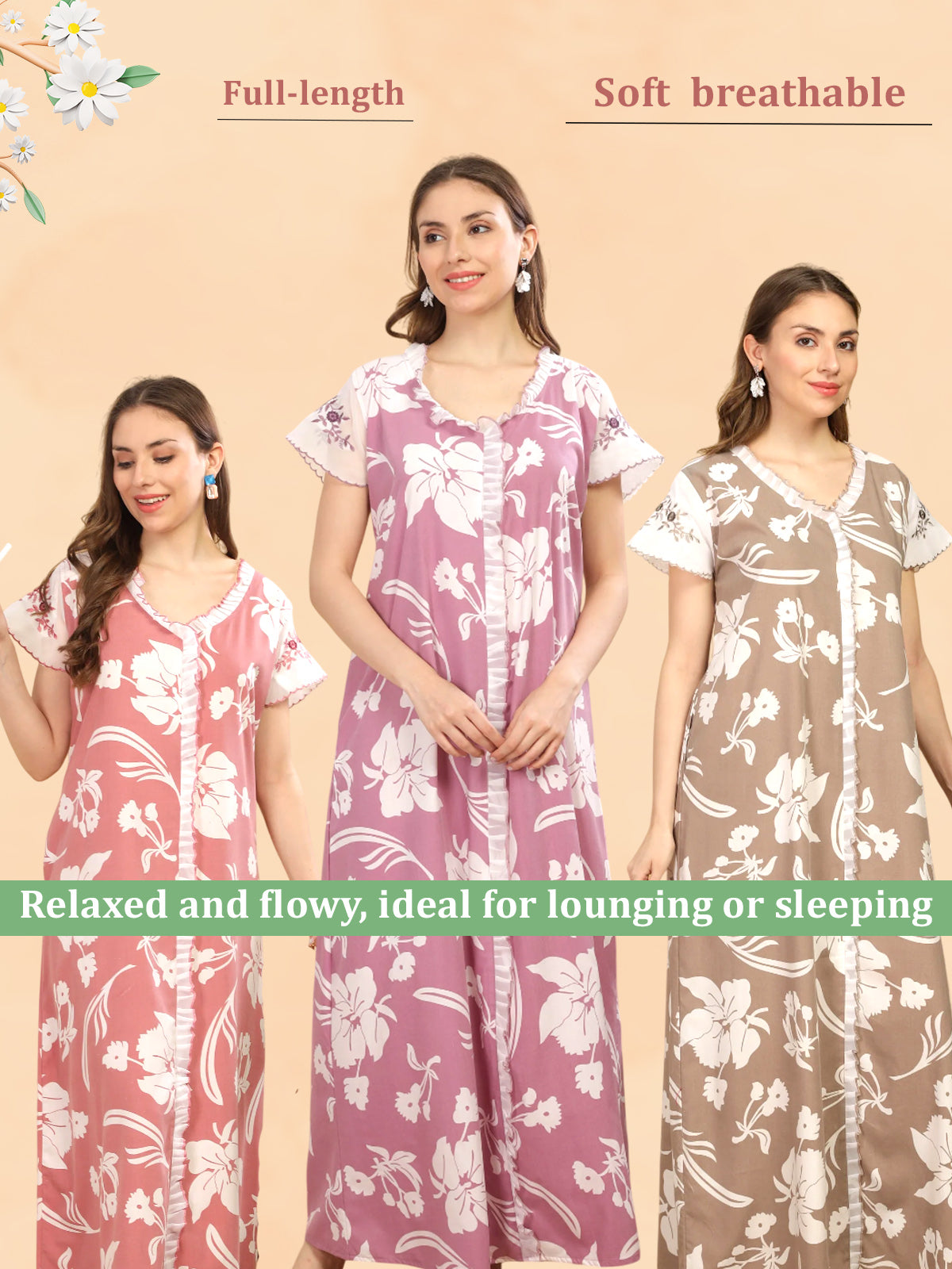 Full-length floral nighty for spring in breathable cotton with pastel prints