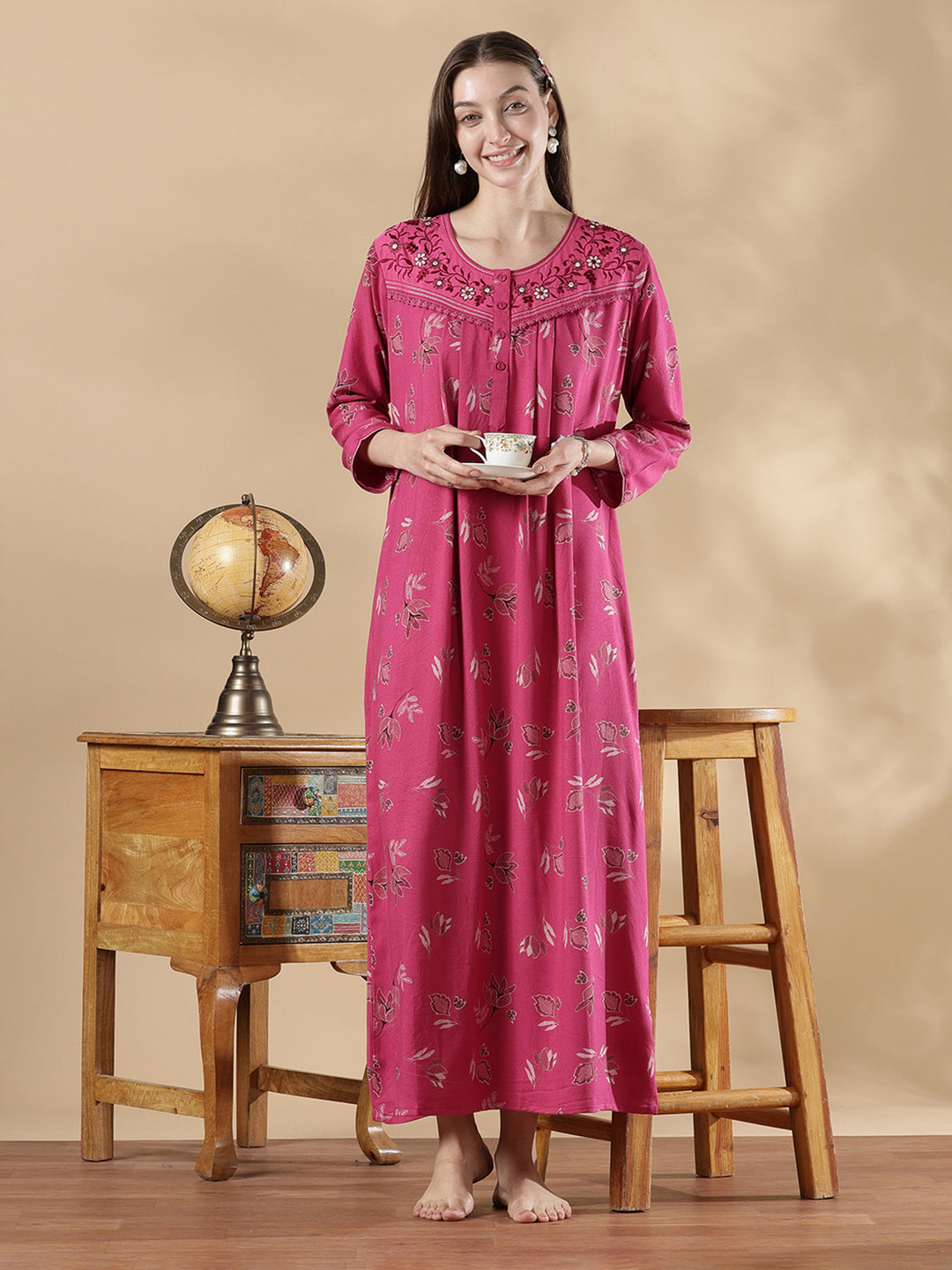 Berry pink alpine floral embroidered full sleeve nighty for women