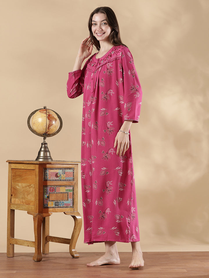 Berry pink alpine floral embroidered full sleeve nighty for women