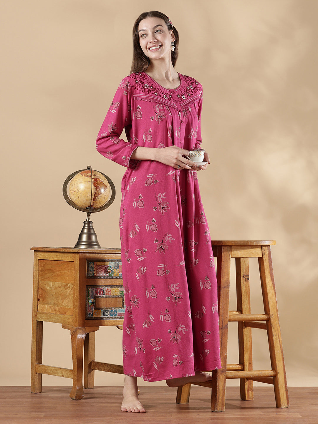 Berry pink alpine floral embroidered full sleeve nighty for women