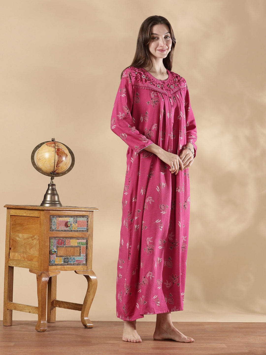 Berry pink alpine floral embroidered full sleeve nighty for women