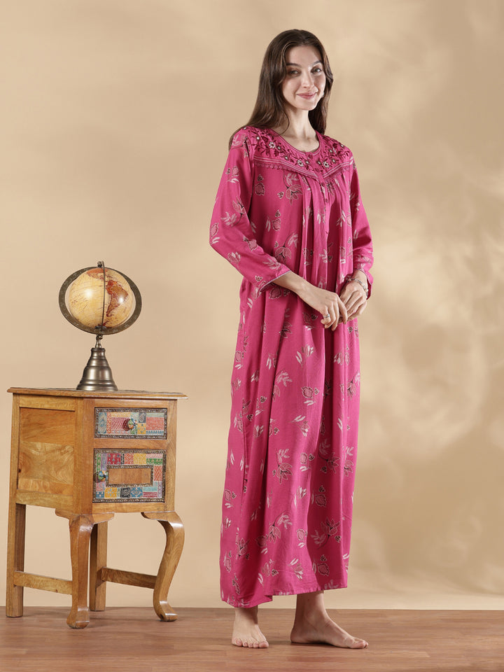 Berry pink alpine floral embroidered full sleeve nighty for women