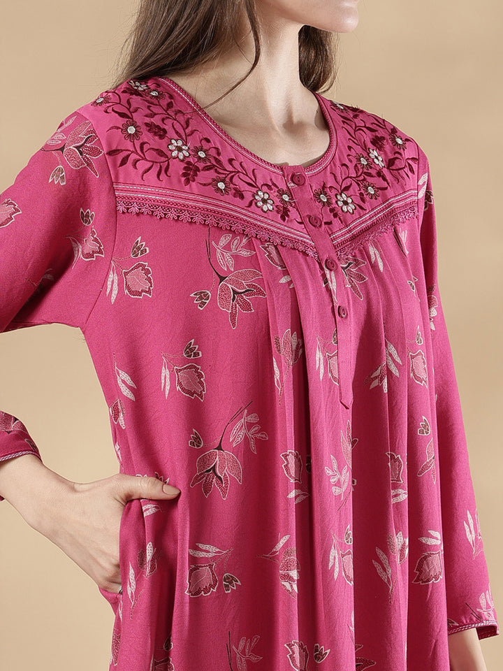 Berry pink alpine floral embroidered full sleeve nighty for women