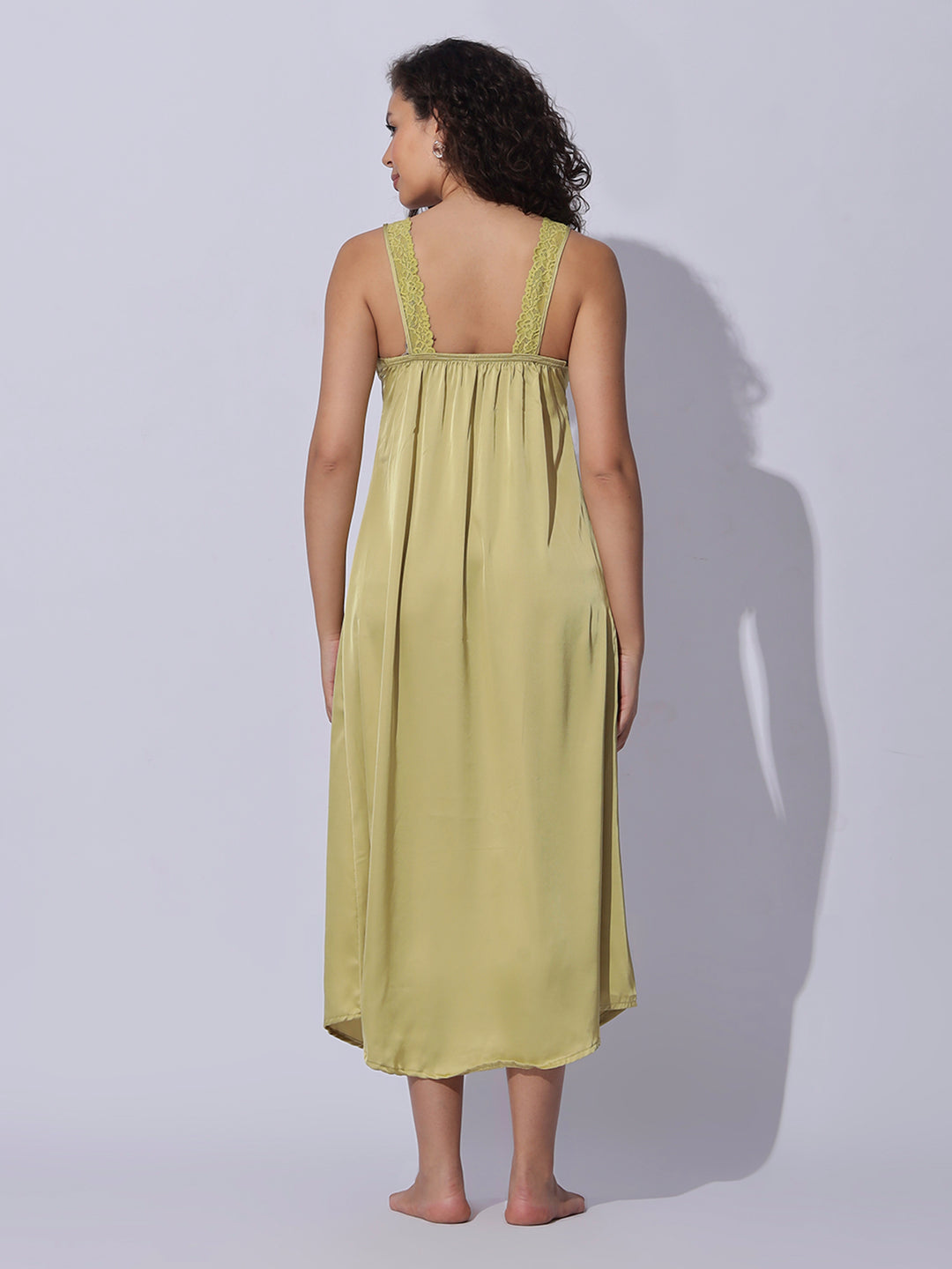 Designer satin long robe and night gown set for women in shimmer gold