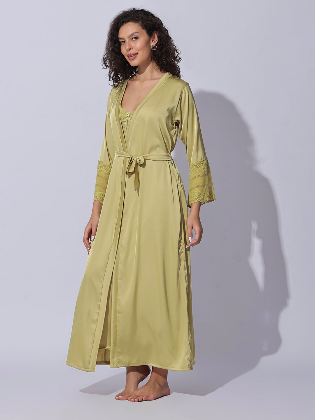 Designer satin long robe and night gown set for women in shimmer gold