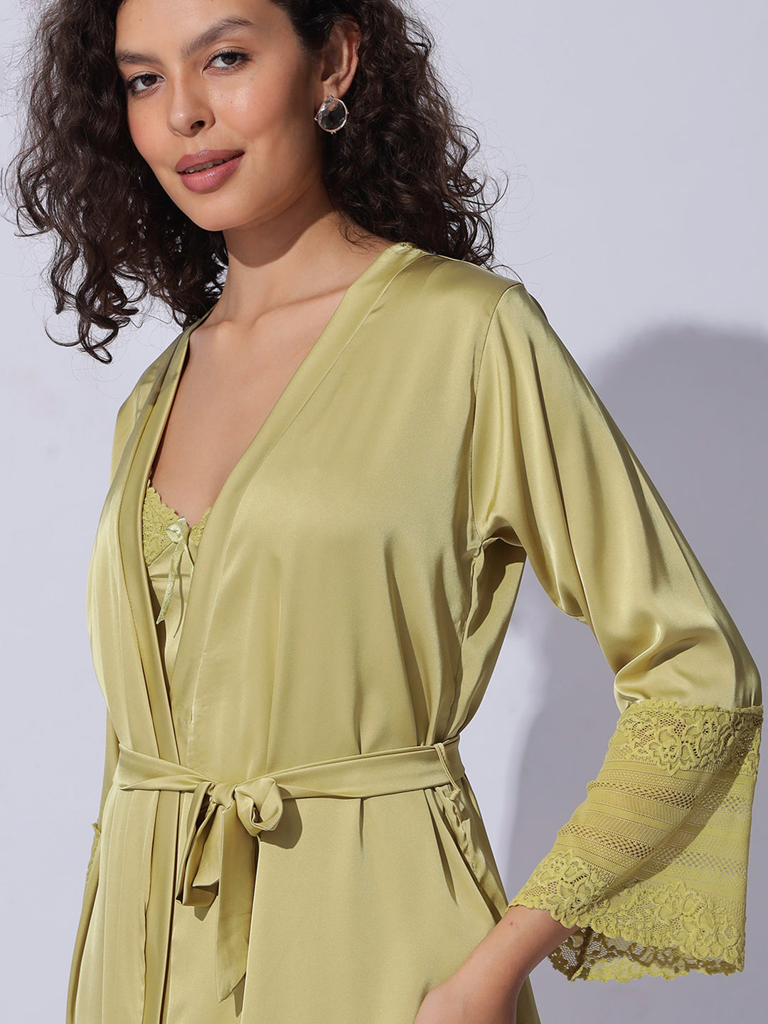 Designer satin long robe and night gown set for women in shimmer gold