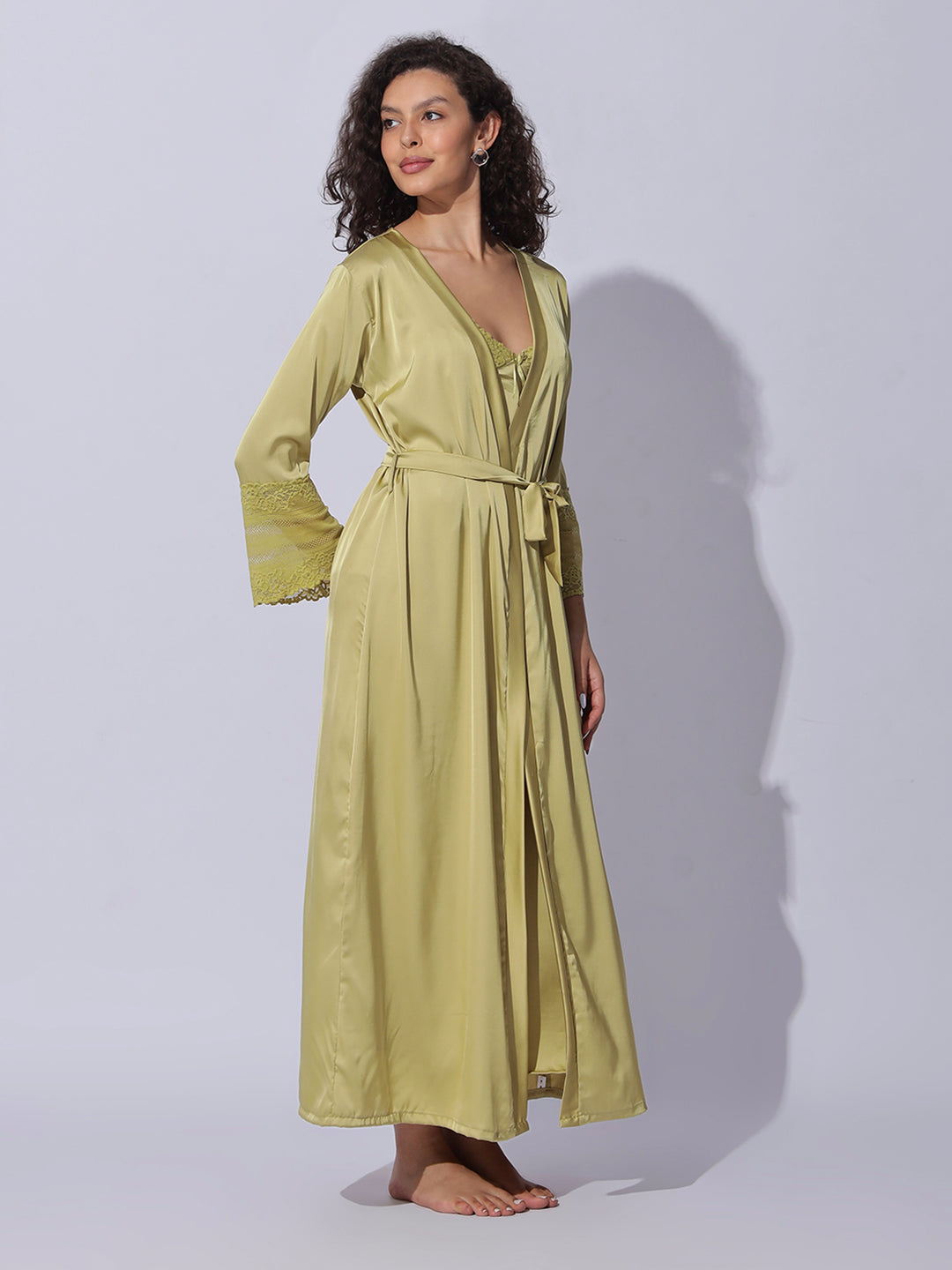 Designer satin long robe and night gown set for women in shimmer gold
