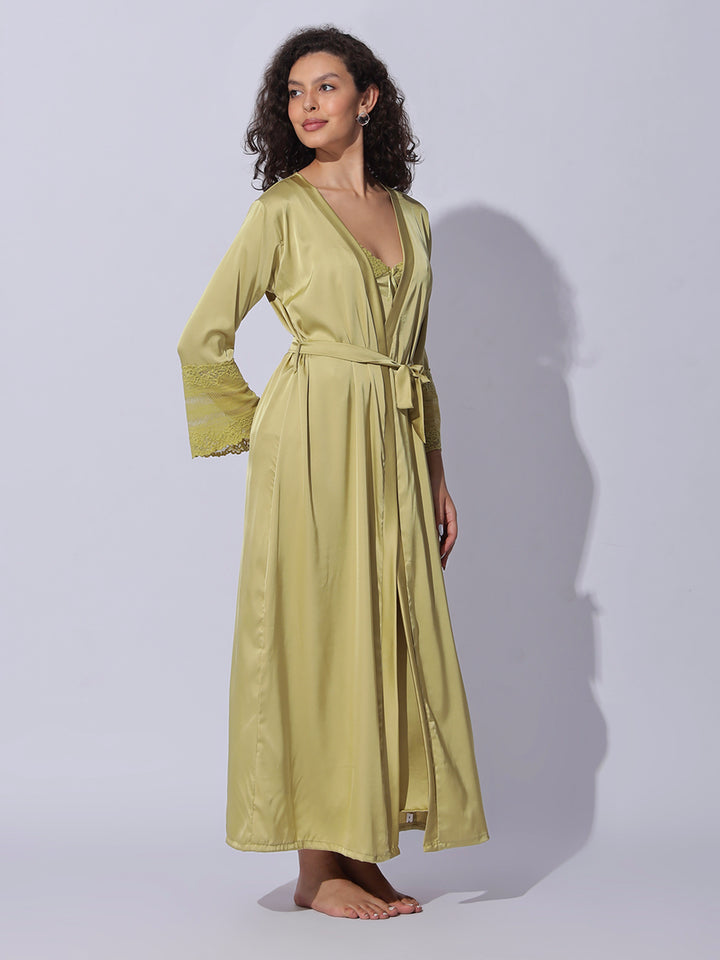 Designer satin long robe and night gown set for women in shimmer gold