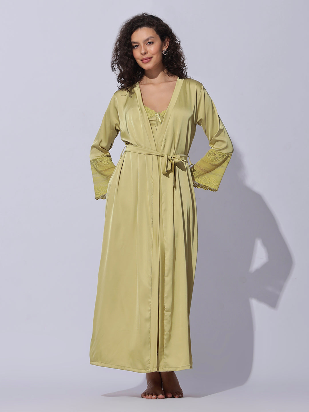 Designer satin long robe and night gown set for women in shimmer gold