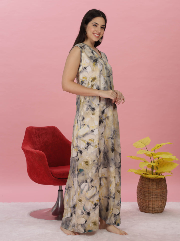 Rayon Golden Yellow Sleeveless Maxi Nighty for Women