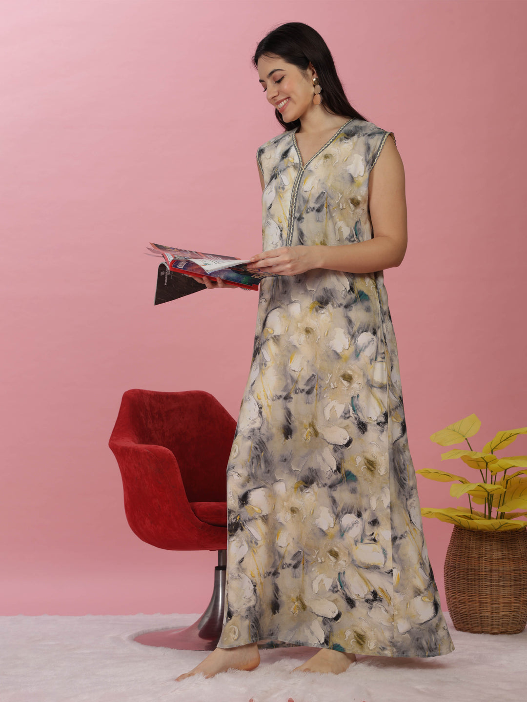 Rayon Golden Yellow Sleeveless Maxi Nighty for Women