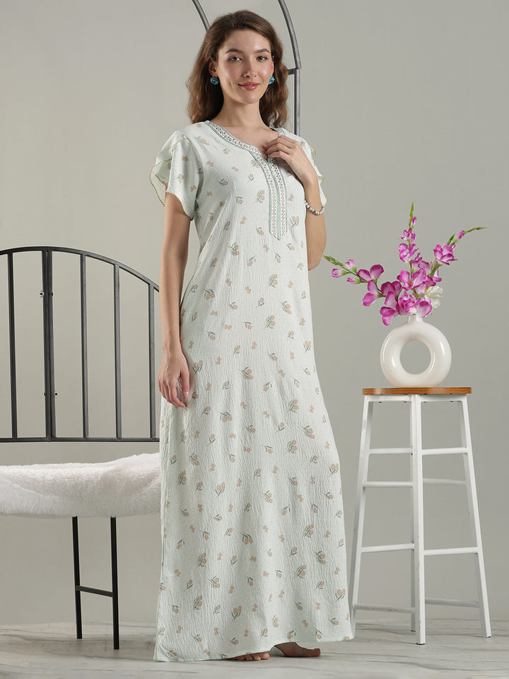 Misty Green Crush Cotton Classy A-Line Nighty for Women