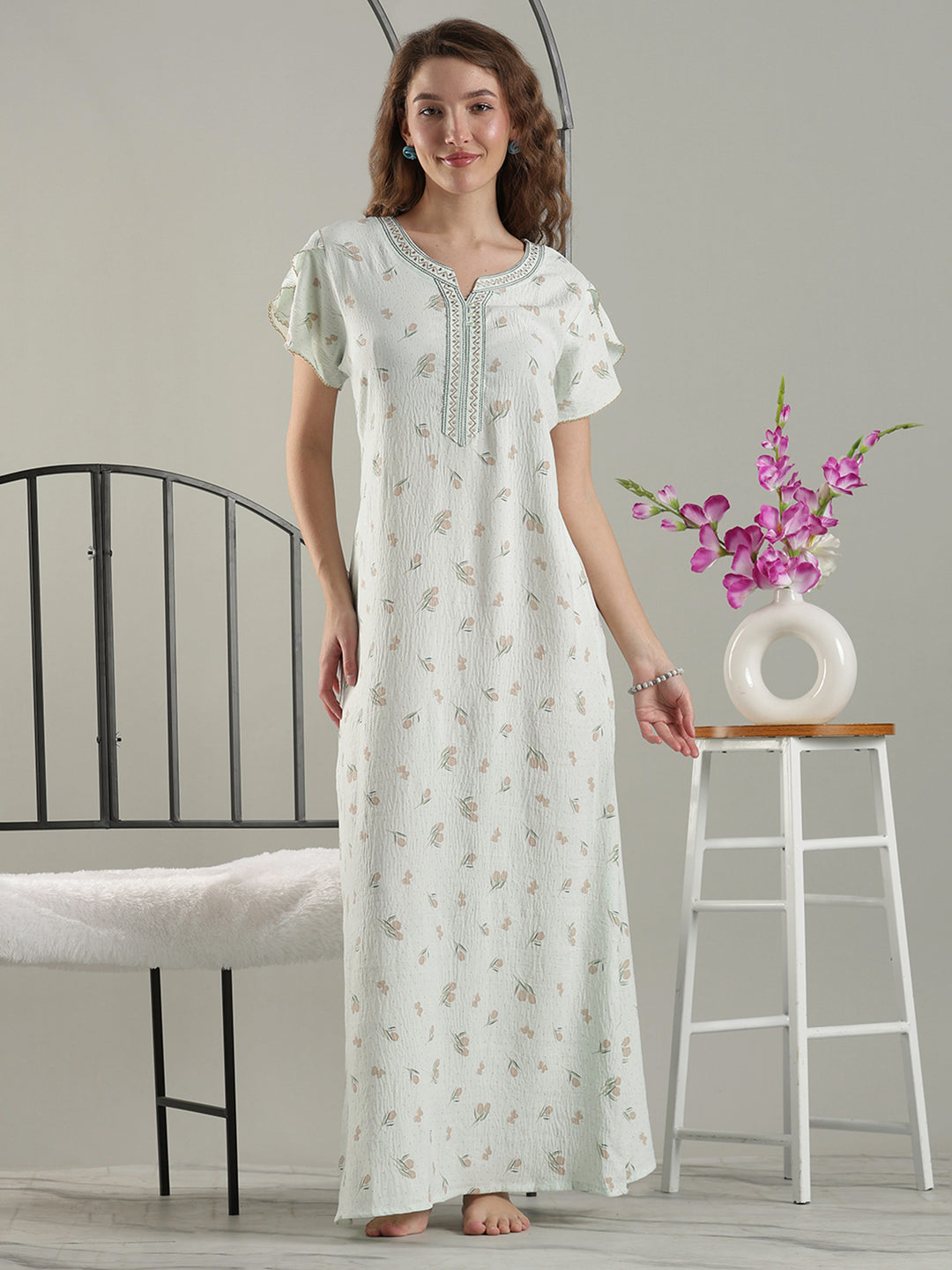 Misty Green Crush Cotton Classy A-Line Nighty for Women