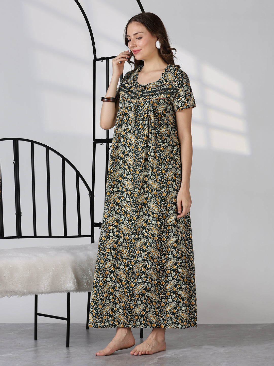 Paisley green print daily wear pure cotton nighty for women