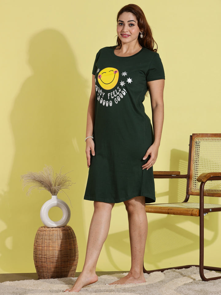 Bottle green cotton short night dress for women online