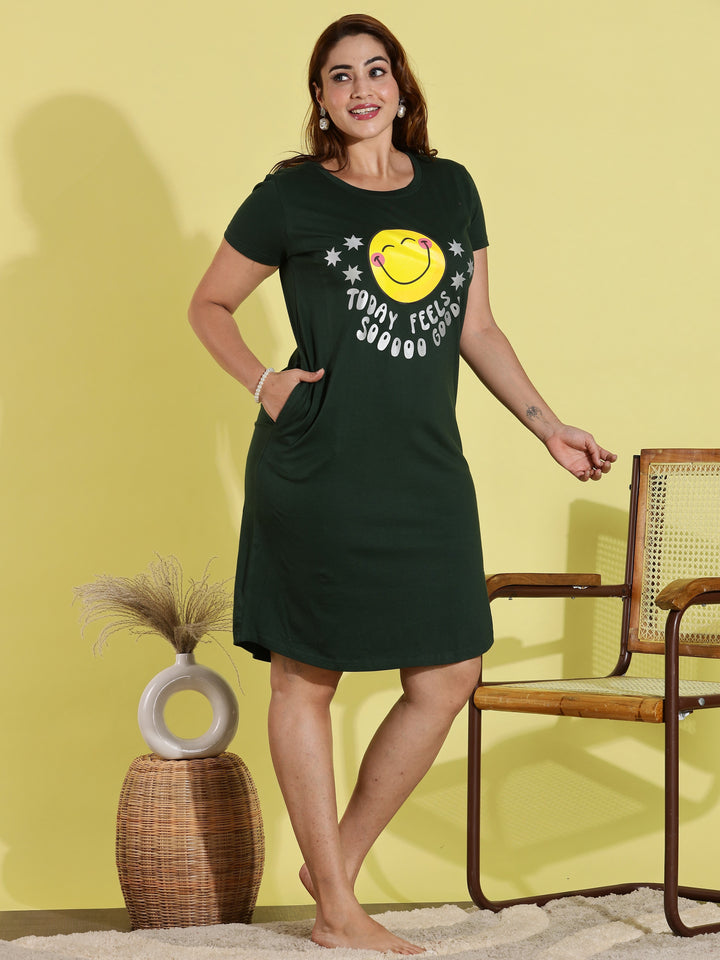 Bottle green cotton short night dress for women online
