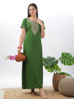 Raatrani Green Alpine Designer Nighty with Elegant Embroidery - All-Season Wear