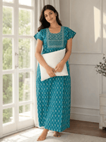 Pure Cotton Utsav Green Printed Nighty with Floral Block Motifs