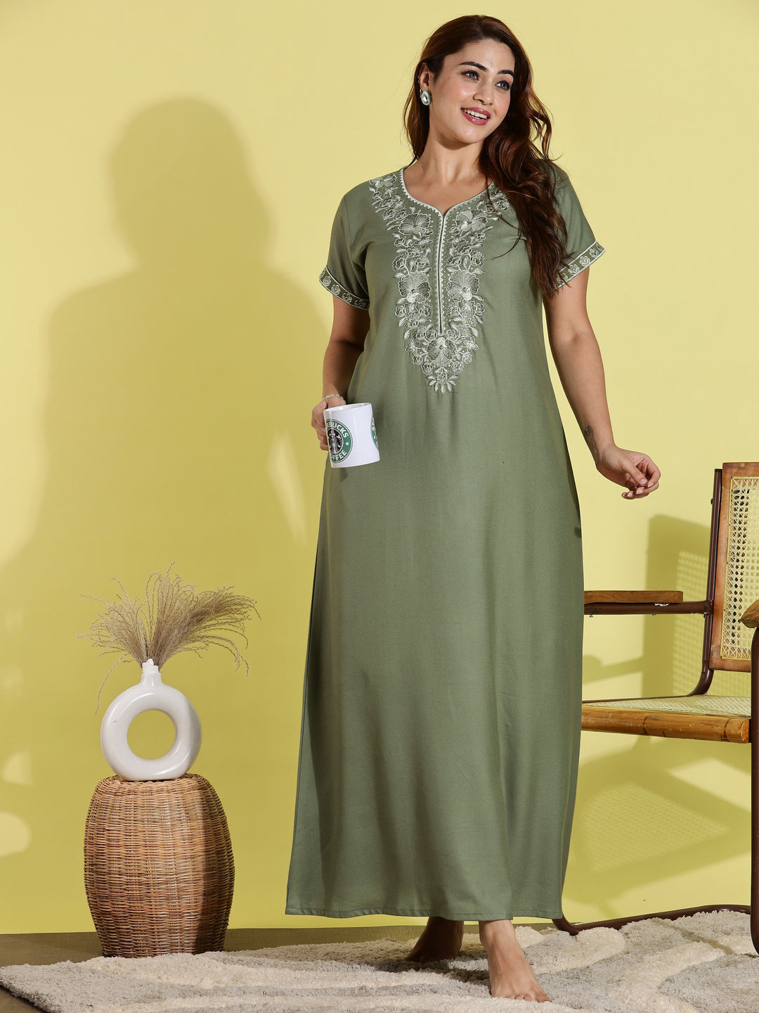 Luxurious green alpine nighty for women in ankle length