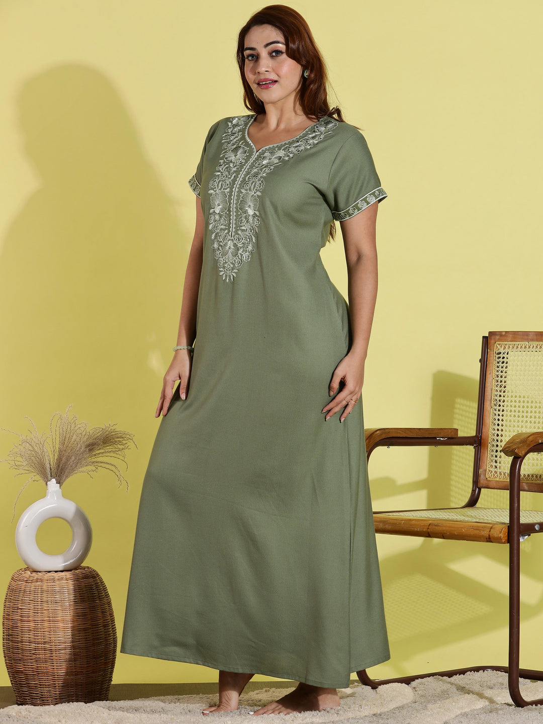 Luxurious green alpine nighty for women in ankle length