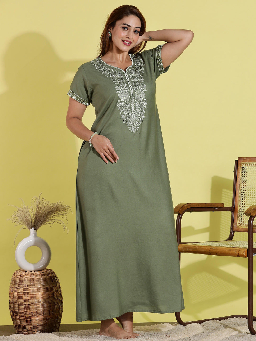 Luxurious green alpine nighty for women in ankle length