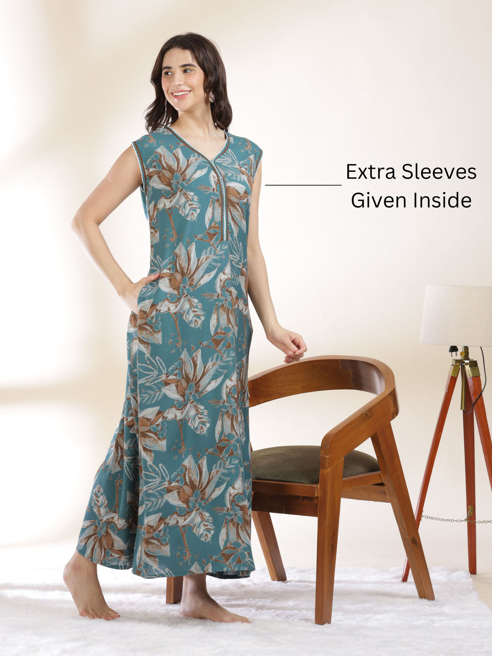 Blush green floral print sleeveless nighty for women