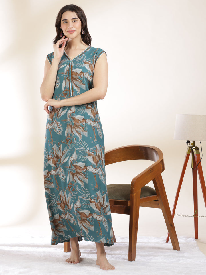 Blush green floral print sleeveless nighty for women