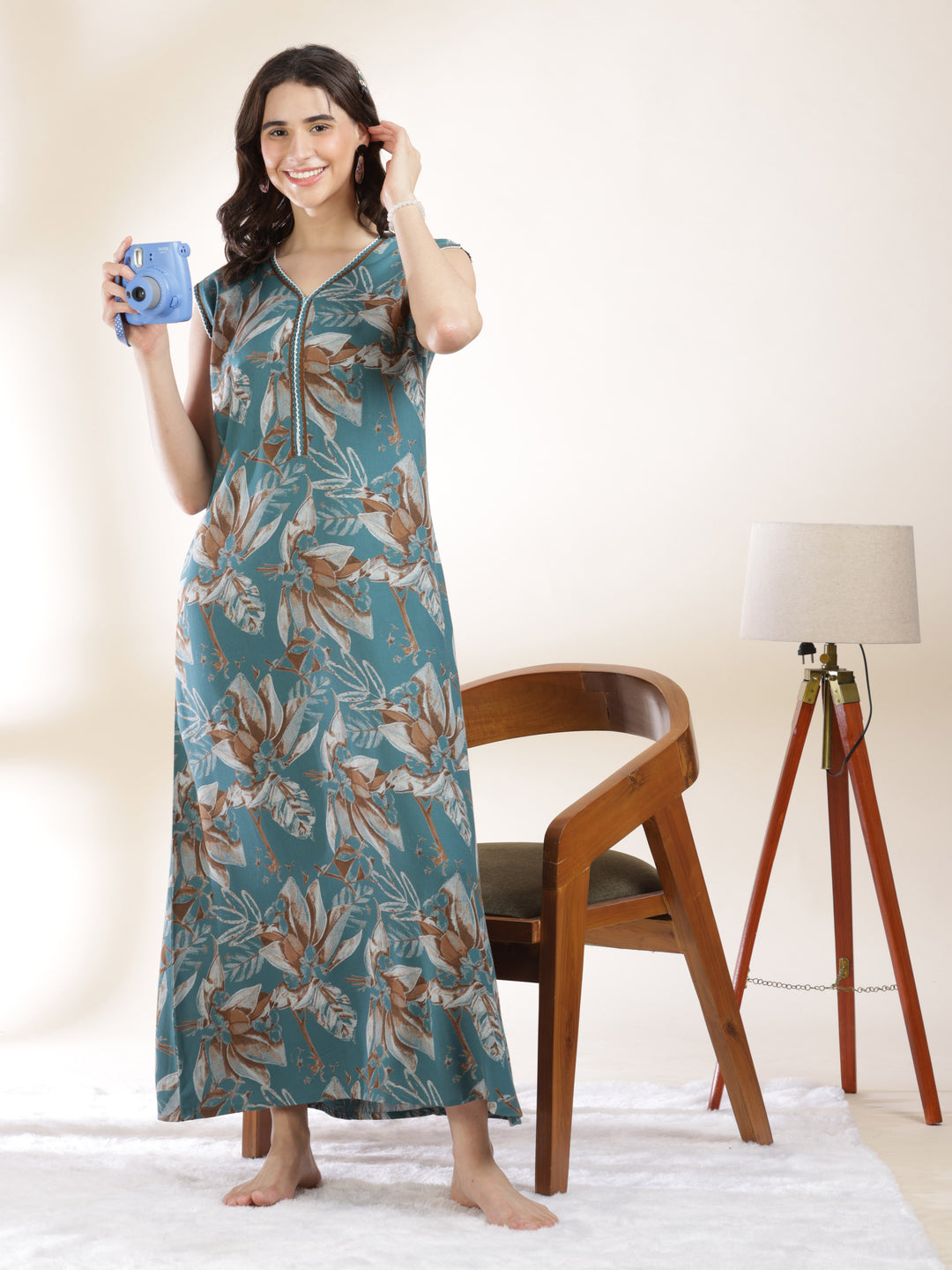 Blush green floral print sleeveless nighty for women