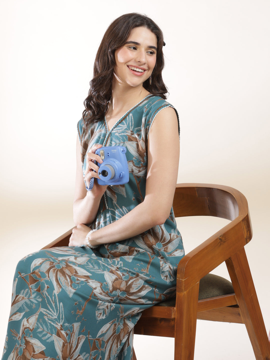 Blush green floral print sleeveless nighty for women