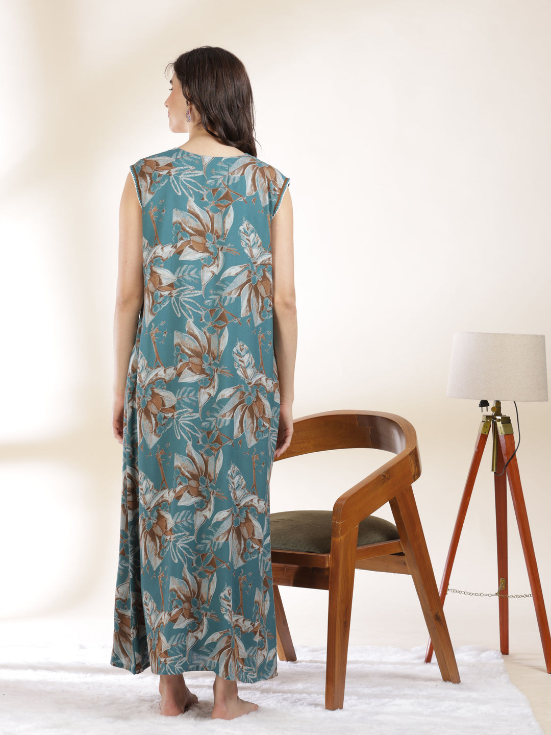 Blush green floral print sleeveless nighty for women