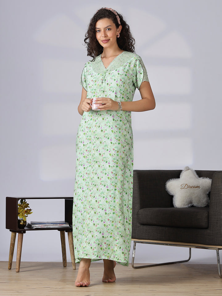 Pista green rayon floral a-line summer night dress for women