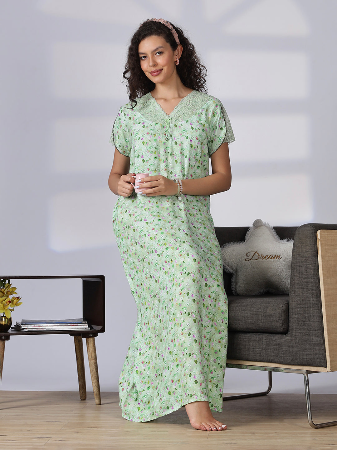 Pista green rayon floral a-line summer night dress for women