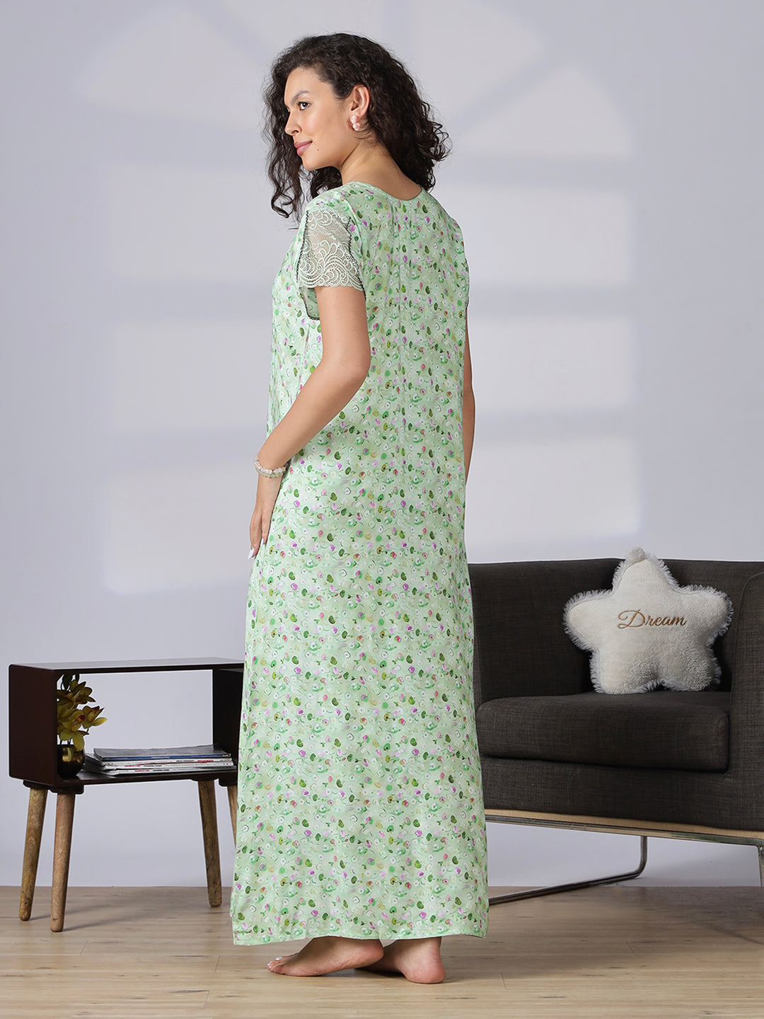Pista green rayon floral a-line summer night dress for women