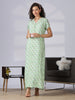 Rayon Floral A Line Pista Green Nighty with Lace Neck and Side Pocket