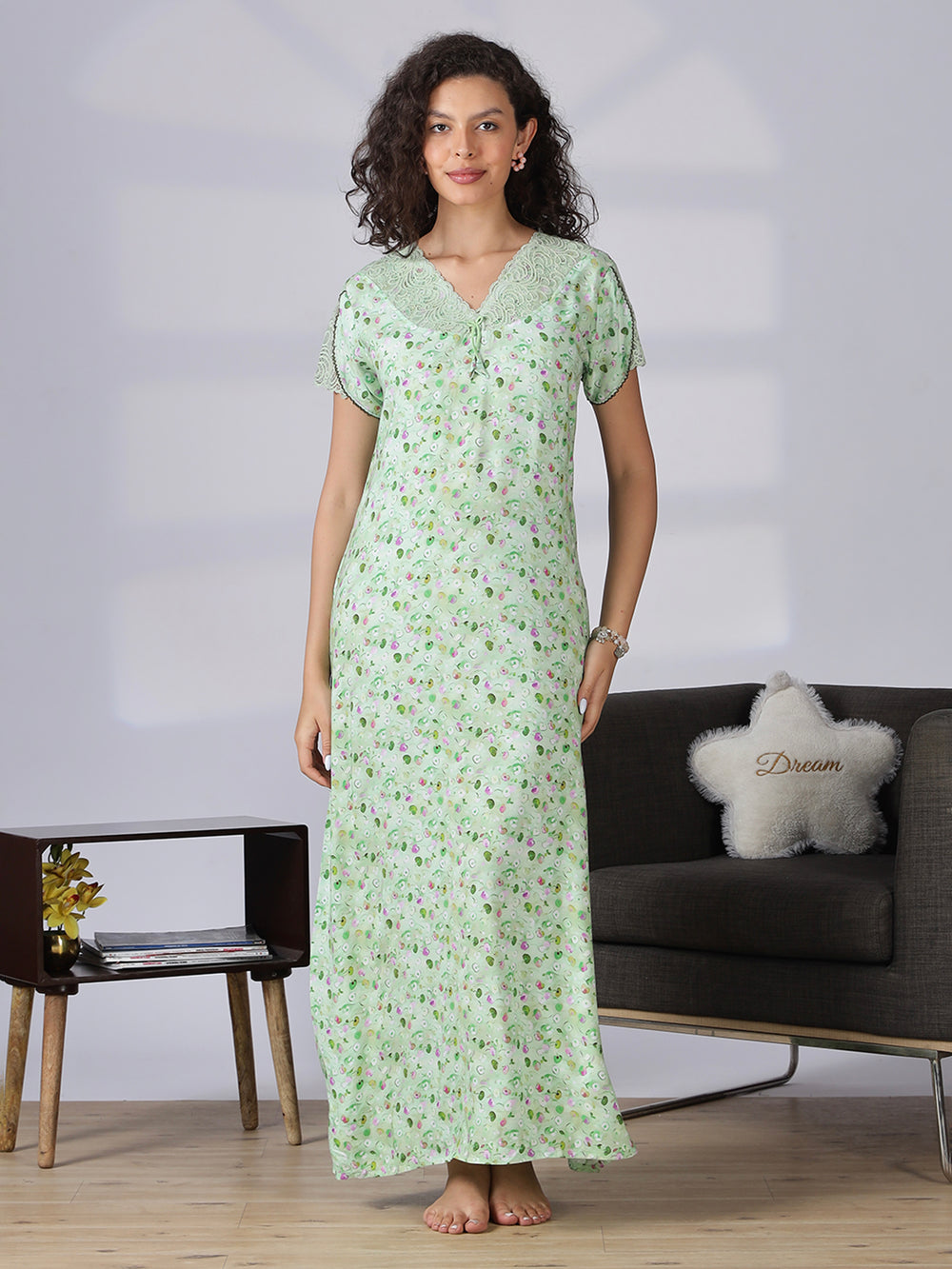 Pista green rayon floral a-line summer night dress for women