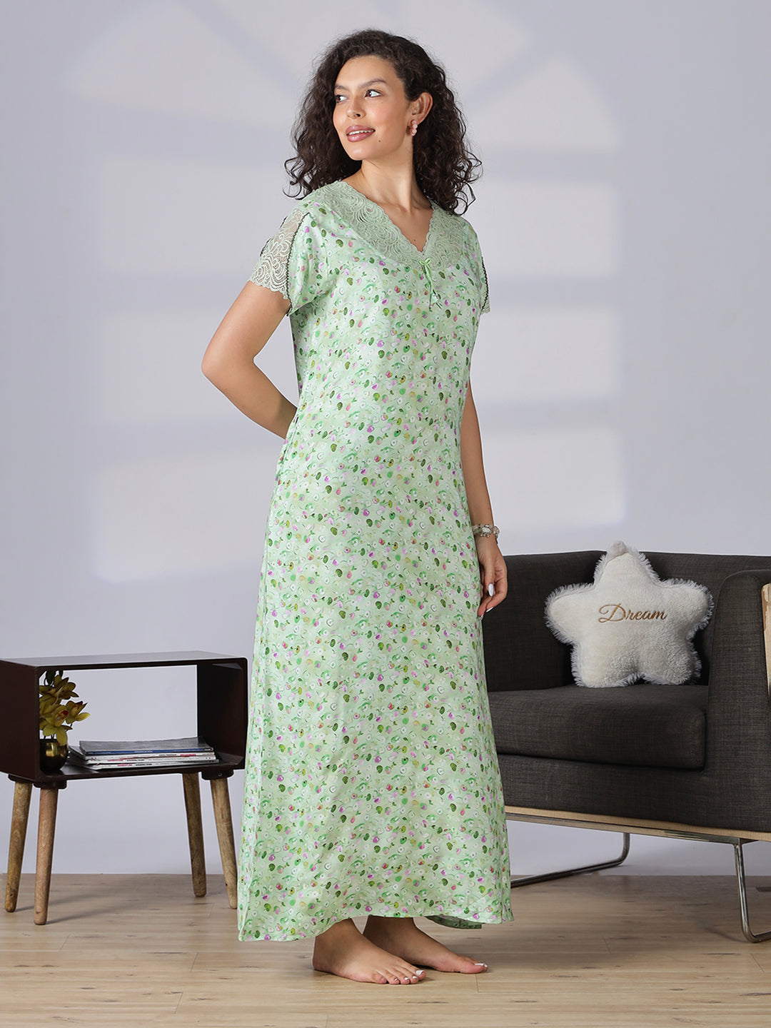 Pista green rayon floral a-line summer night dress for women