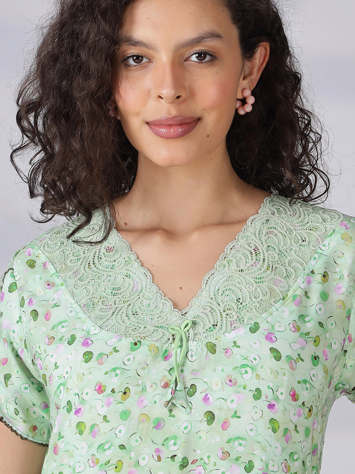 Pista green rayon floral a-line summer night dress for women