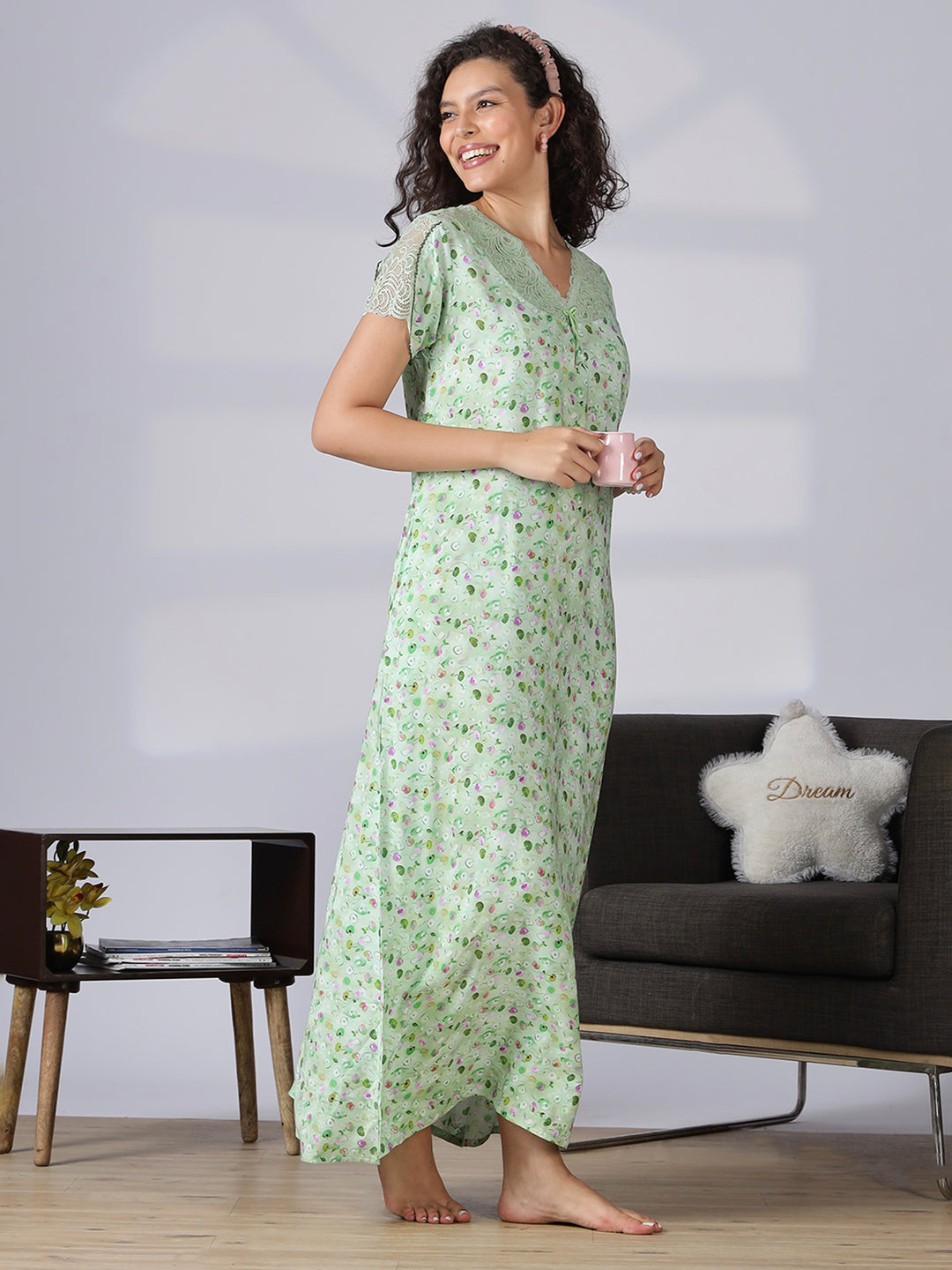 Pista green rayon floral a-line summer night dress for women