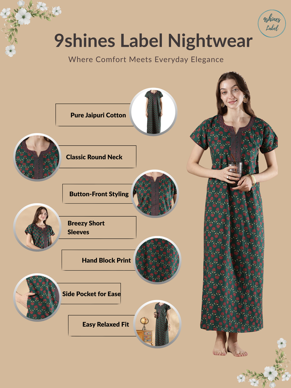 Top quality pure cotton floral nighty for women