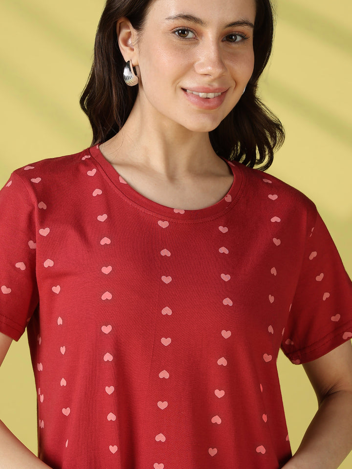 Cute heart print cotton short nighty for women online