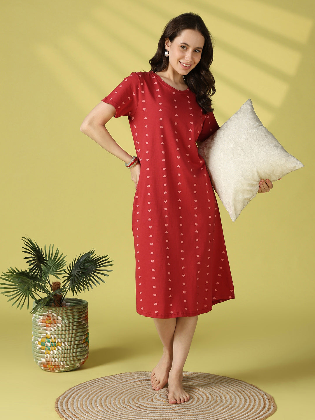 Cute heart print cotton short nighty for women online